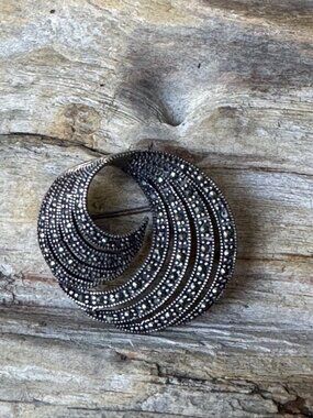 Sterling Silver Marcasite Swirl Brooch Pin 925 Spiral Openwork 1.25” Vintage